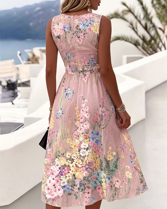 Sleeveless Floral Print Waist-Cinching Dress