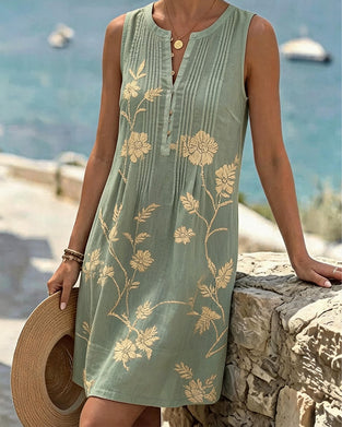 Round Neck Sleeveless Button Pleated Print Dress