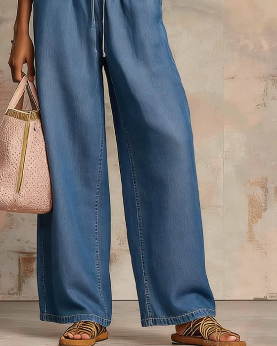 Zipper Crewneck Top Wide Leg Pants Two-Piece Sets