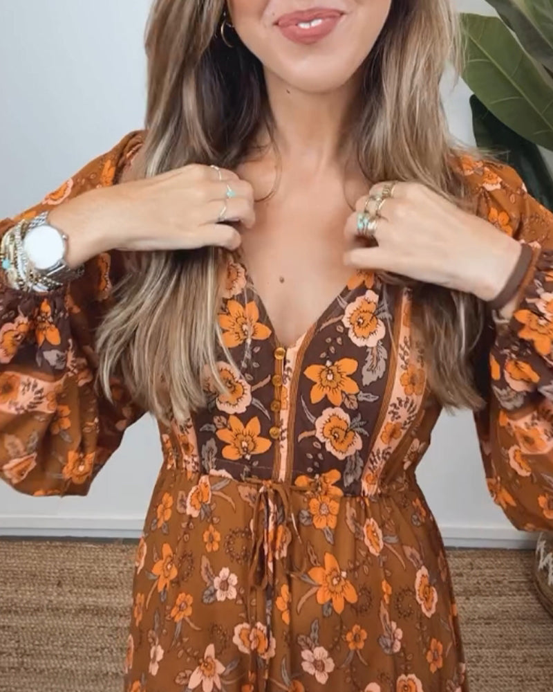 Vintage floral print V-neck lantern sleeve dress