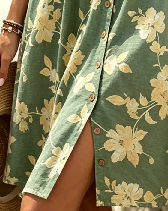 Crew Neck Sleeveless Button Floral Dress