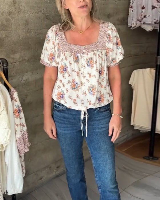 Print square neck short sleeve top