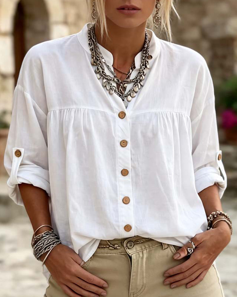 Stand Collar Long Sleeve Solid Color Button-Down Blouse