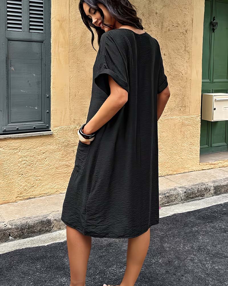 Square Neck Rolled Hem Short Sleeve Loose Pocket Dress