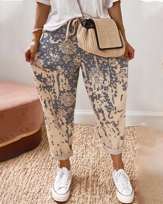Retro Distressed Print Drawstring Casual Pants