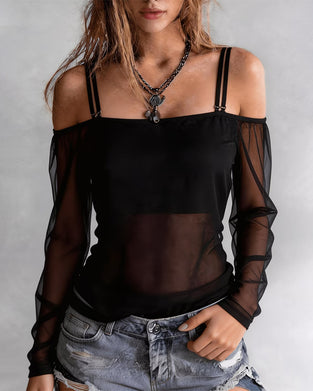 Spaghetti Strap Off-Shoulder Sheer T-Shirt