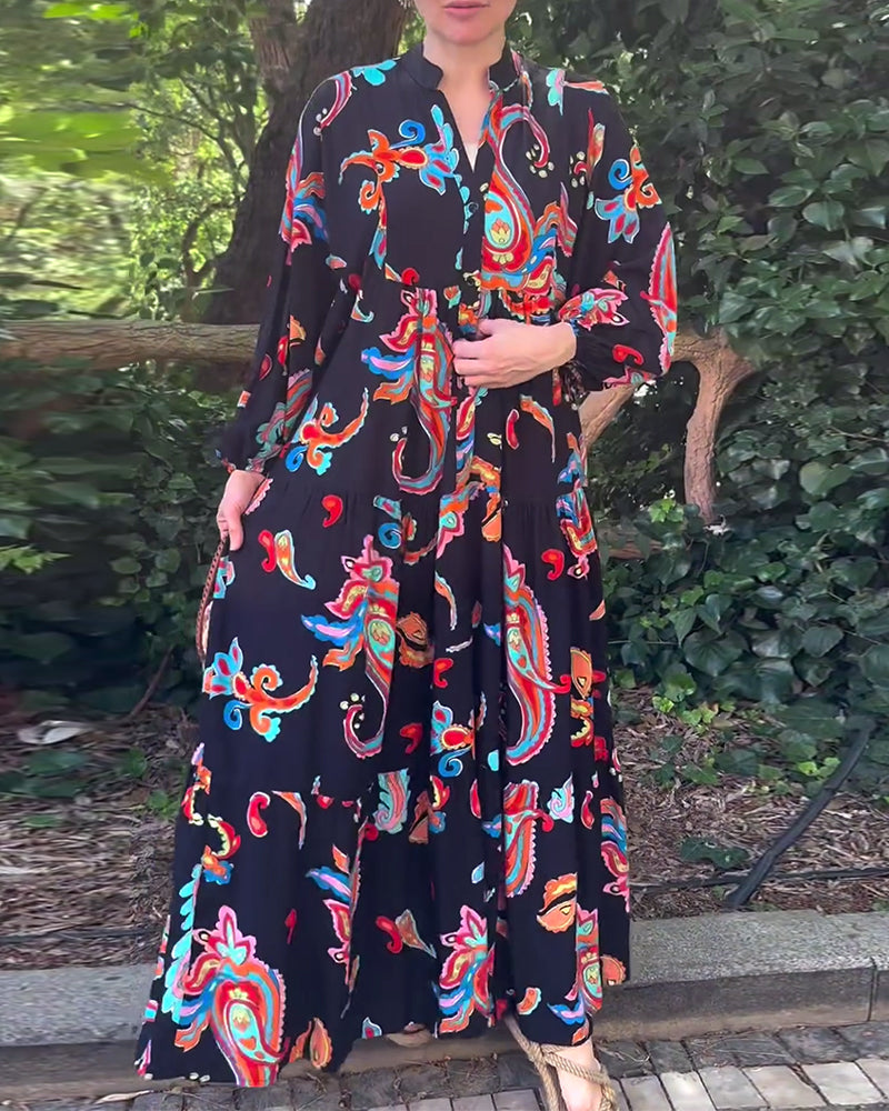 Vintage printed long sleeve patchwork dress