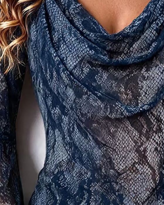 Snakeskin Mesh Drape-Neck Blouse