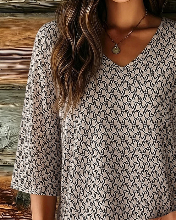 V-Neck Mid-Length Sleeve Casual Blouse