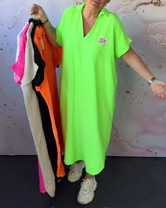 V-Neck Pleated Solid Color Long Dress