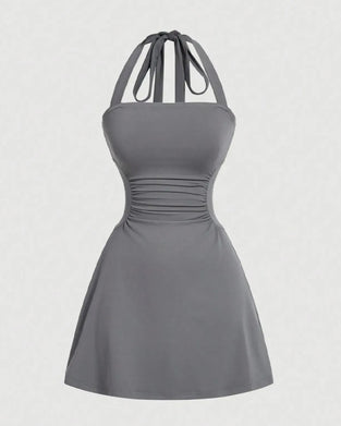 Halterneck Bandage Waist Shirred Dress