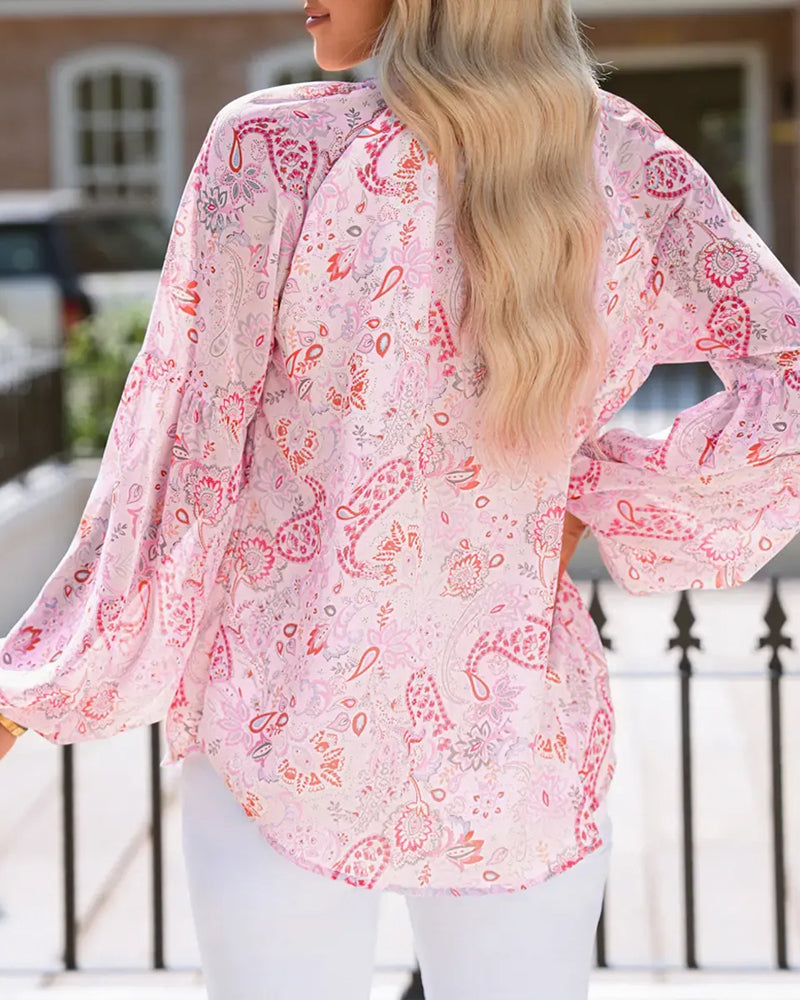 Lantern Sleeve Printed V-Neck Blouse