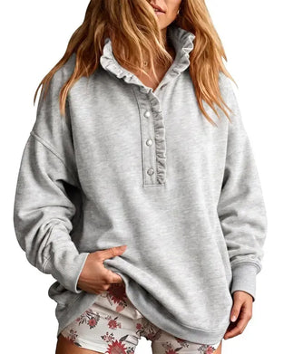 Ruffled Buttoned Long-Sleeved Loose Sweatshirt