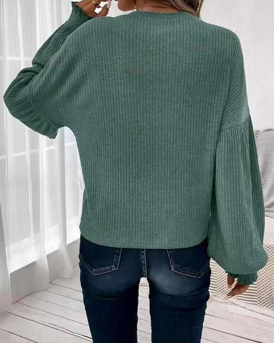 Crew Neck Drop Shoulder Lantern Sleeve Top