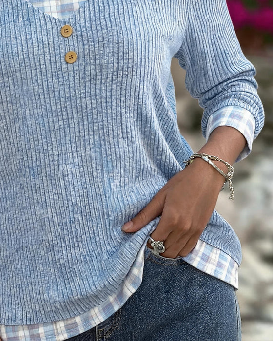 Ribbed Plaid Patchwork Long Sleeve Top