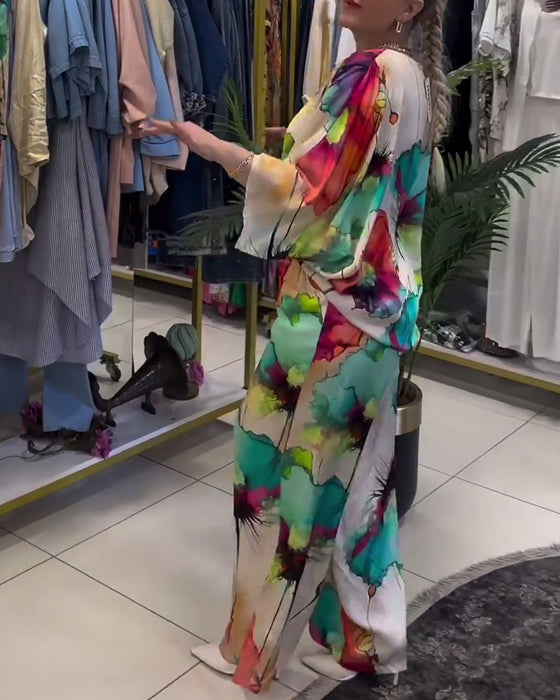 Lotus print one-shoulder three-quarter sleeve set