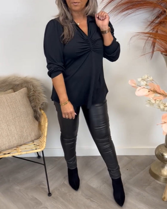 V-neck pleated long-sleeved blouse