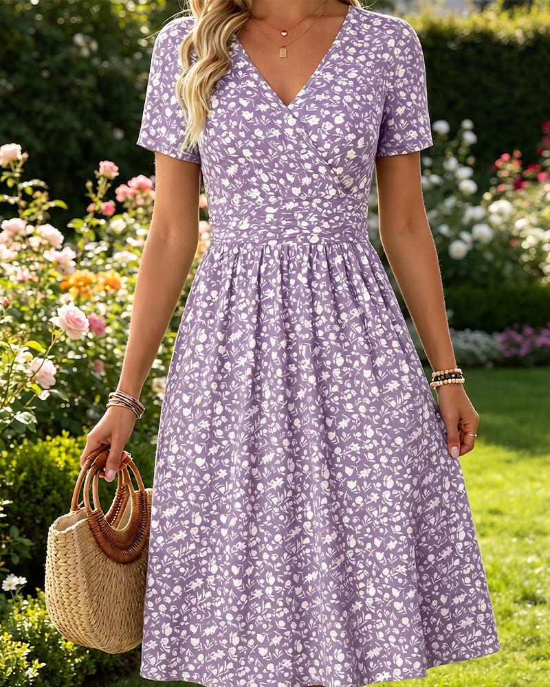 V-Neck Short SleeveTiny Floral Dress