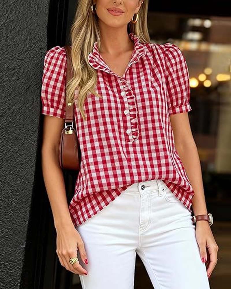 Plaid Puff Short-Sleeved Blouse