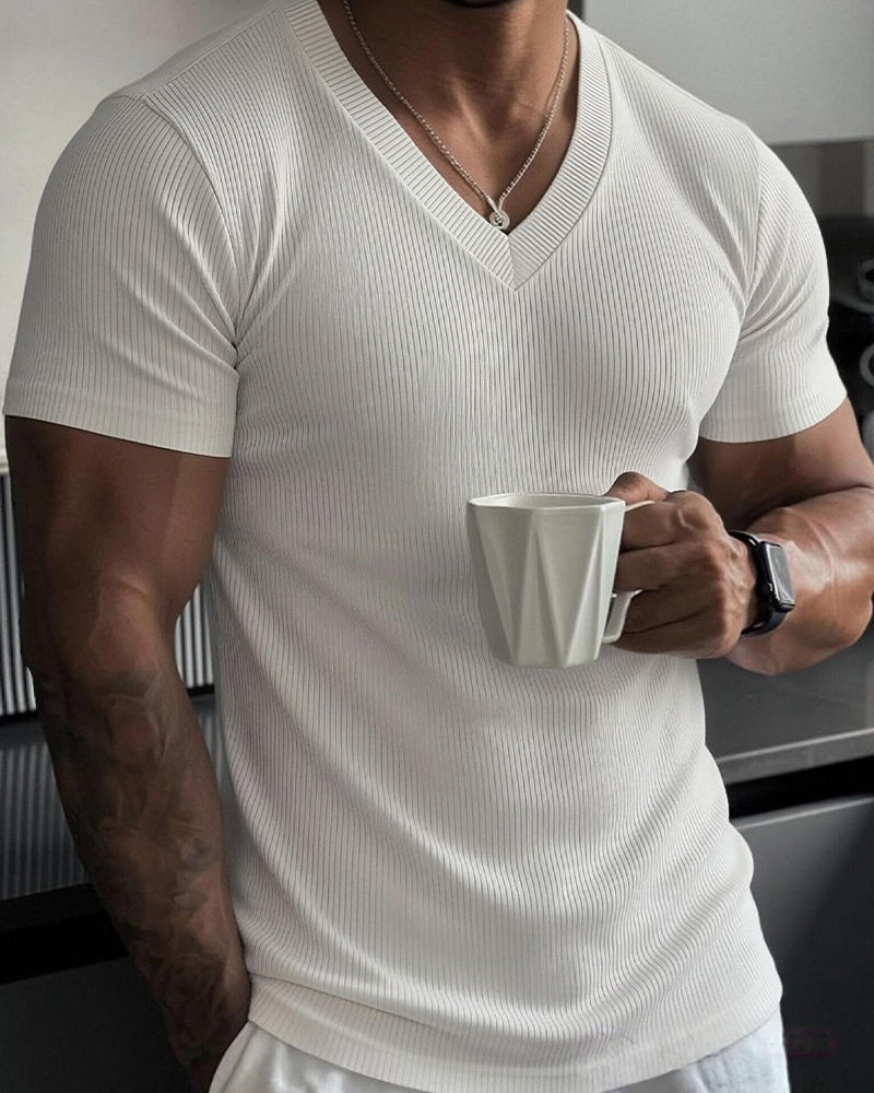 V-Neck Ribbed Solid Color Men's T-Shirt
