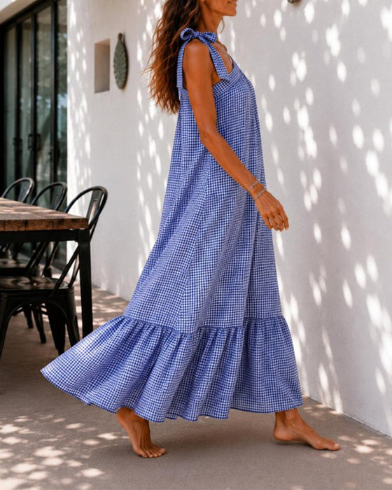 Tie Shoulder Plaid A-Line Dress