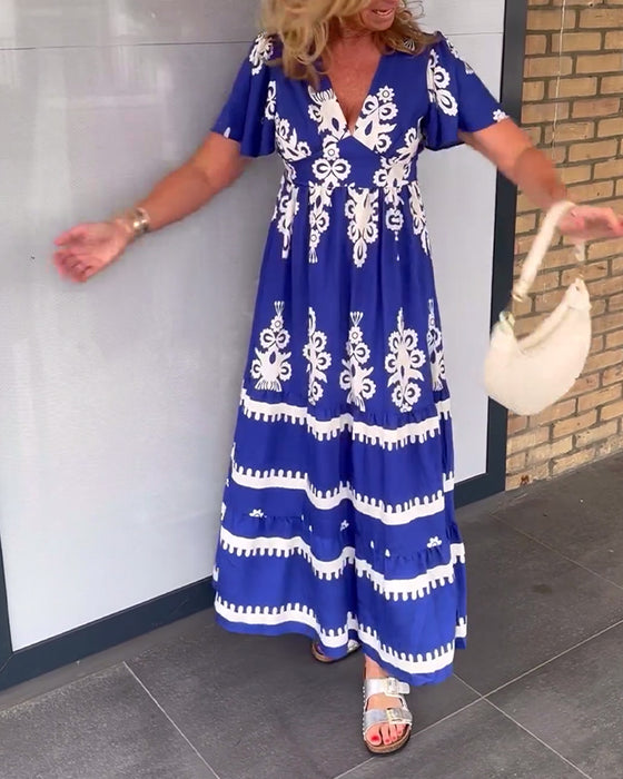 Vintage print v-neck elegant long dress