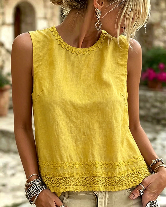 Round Neck Embroidered Trim Tank Top