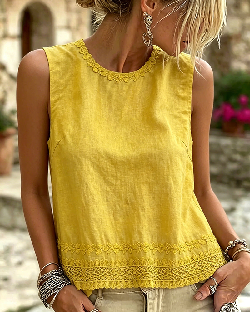 Round Neck Embroidered Trim Tank Top