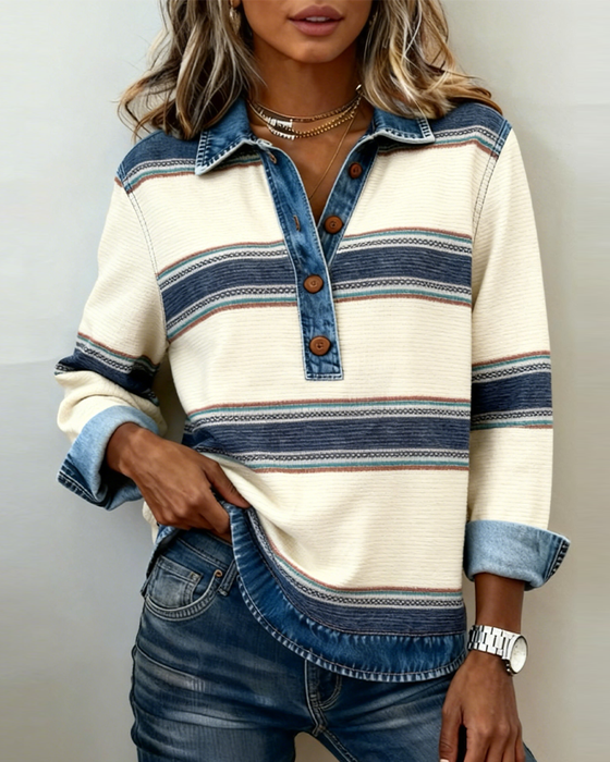 Long-Sleeved Color-Blocked Collared Sweatshirt