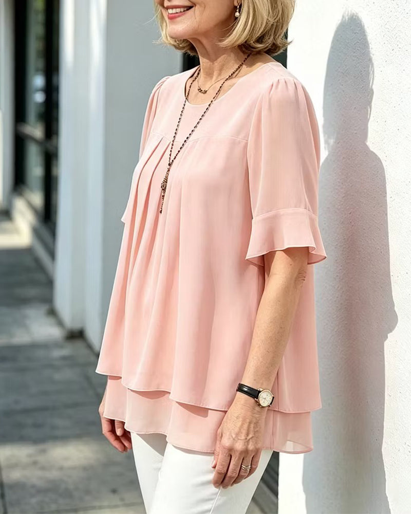 Crew Neck Shirred Ruffle Blouse