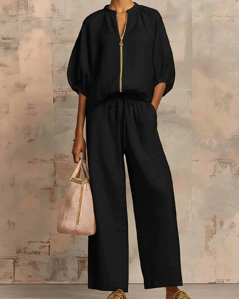 Zipper Crewneck Top Wide Leg Pants Two-Piece Sets