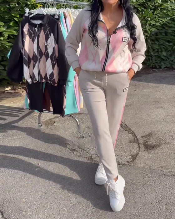 Plaid Zip-Up Top And Trousers Two-Piece Set