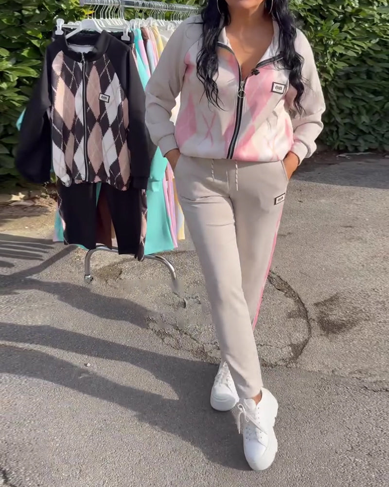 Plaid Zip-Up Top And Trousers Two-Piece Set