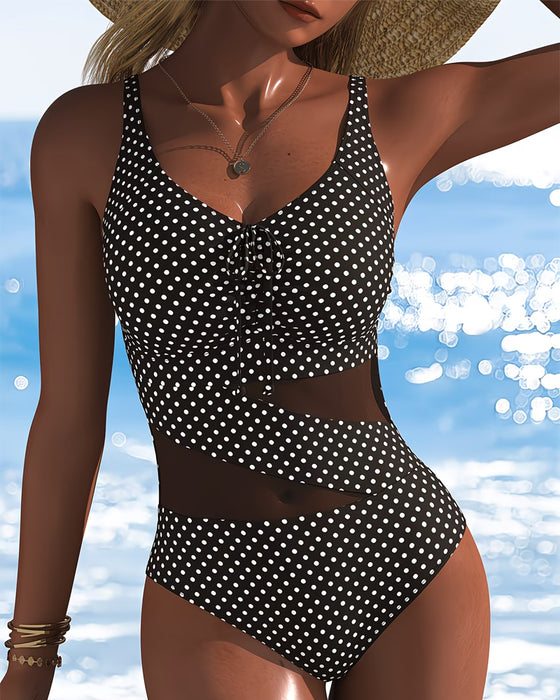 Polka Dot Tie Mesh Patchwork One-Piece