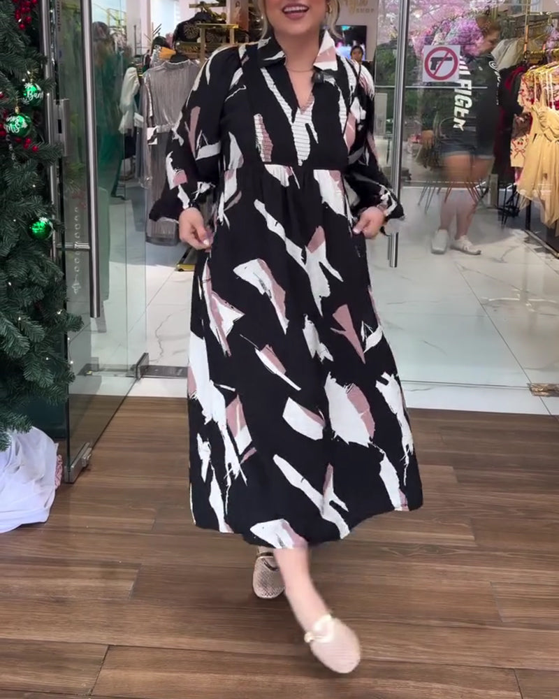 V-Neck Printed Long-Sleeved Dress