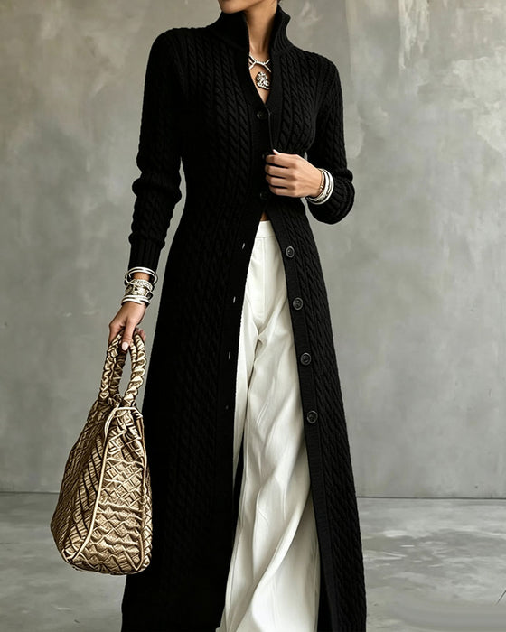 Stand Collar Cable Button Long Cardigan
