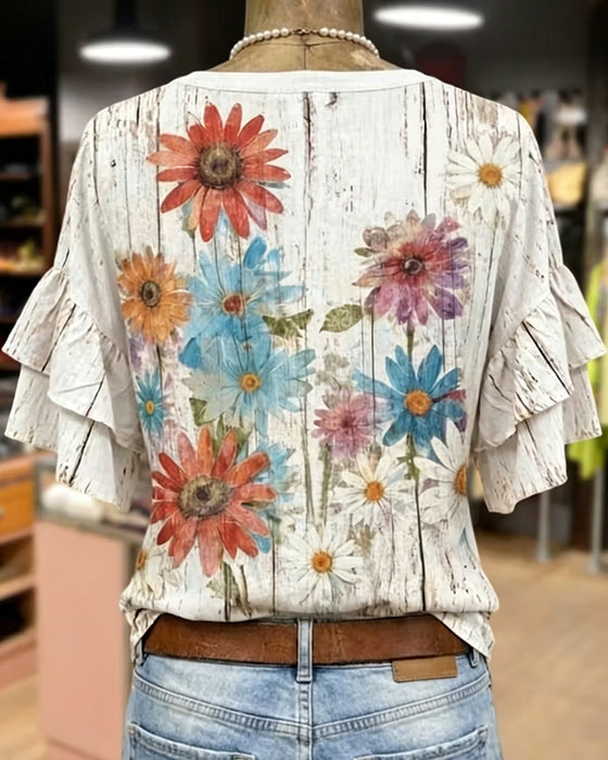 Daisy Print Short-Sleeve Blouse