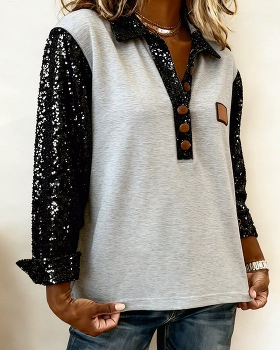 Casual Sequined Patchwork Long-Sleeved Sweatshirt