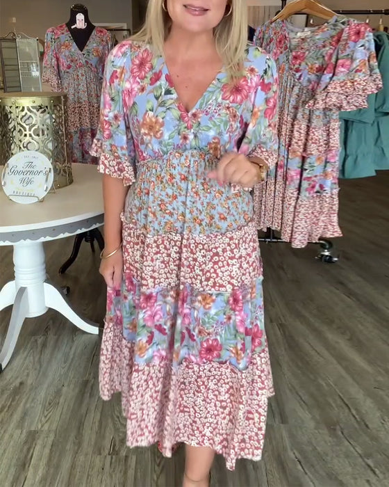 V-Neck Lotus Sleeve Floral Dress