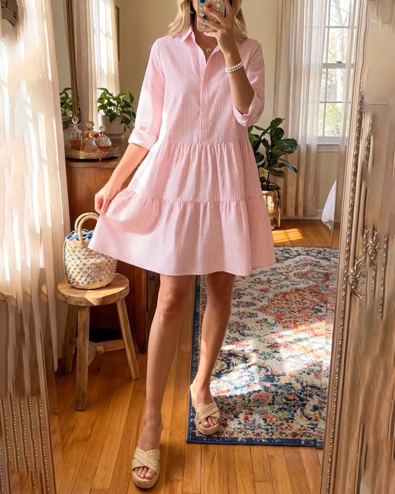 Shirt Collar Striped Patchwork Dress
