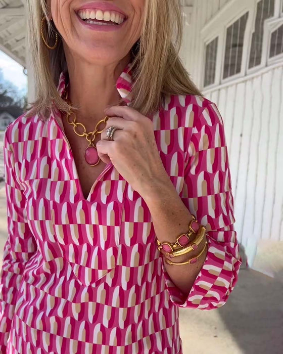 Printed stand collar nine-quarter sleeve top