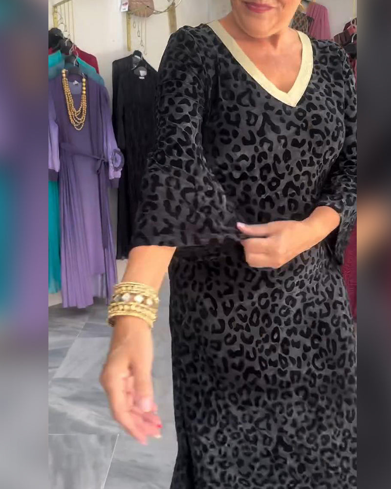 Contrast Color V-Neck Leopard Print Dress