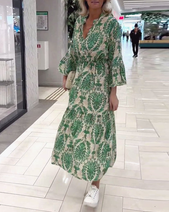 Printed bell sleeve drawstring dress