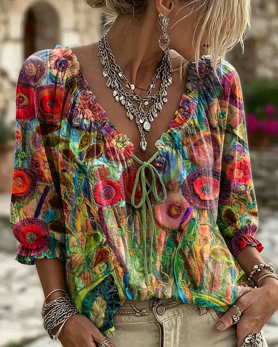 V-Neck Ruffle Puff Sleeve Tie Blouse