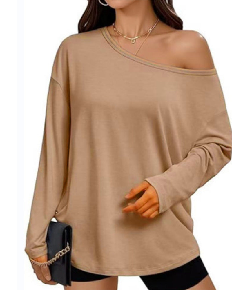 One-Shoulder Solid Long Sleeve T-Shirt