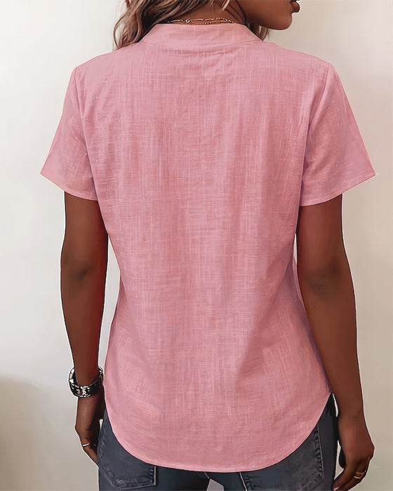 Stand Collar Button-Up Short Sleeve Blouse