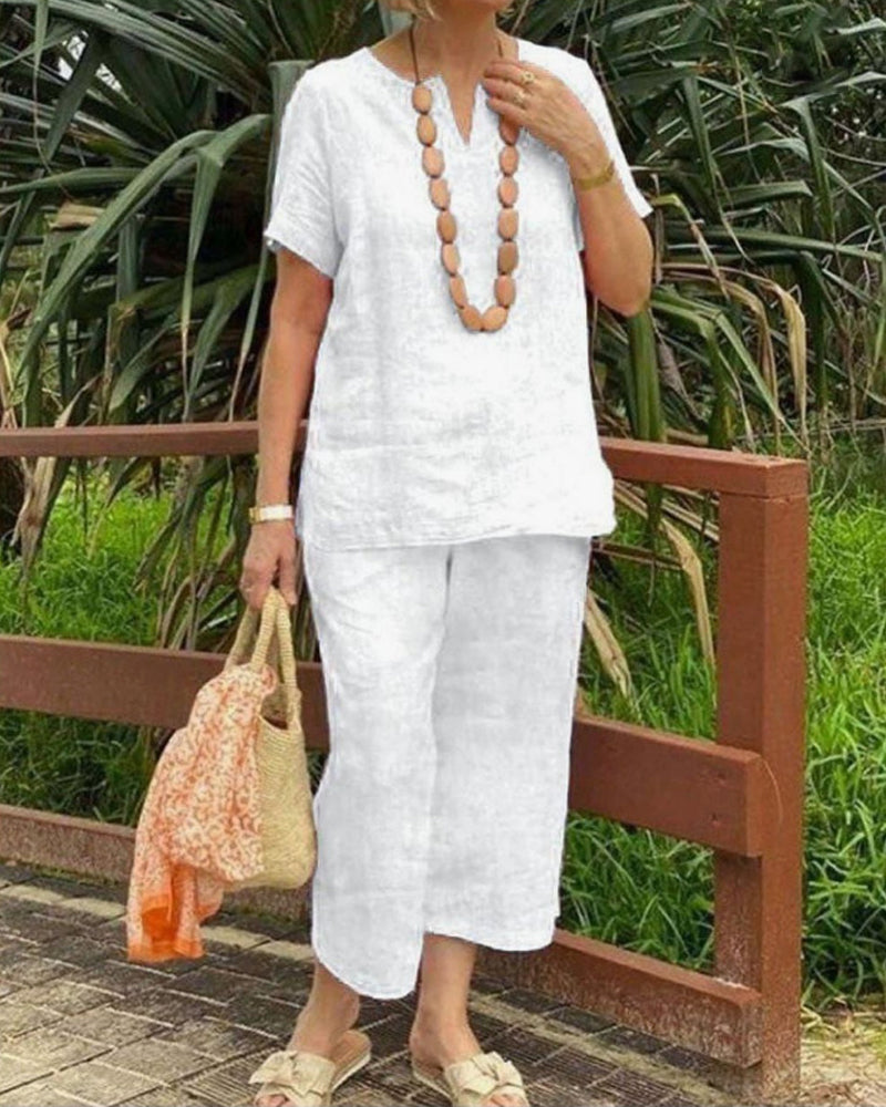 Short Sleeve Shirt Elastic Waist Cropped Pants Two-Piece Sets