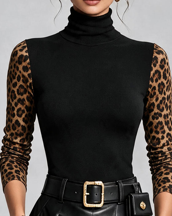 Leopard Print Spliced High-Neck Slim-Fit Top
