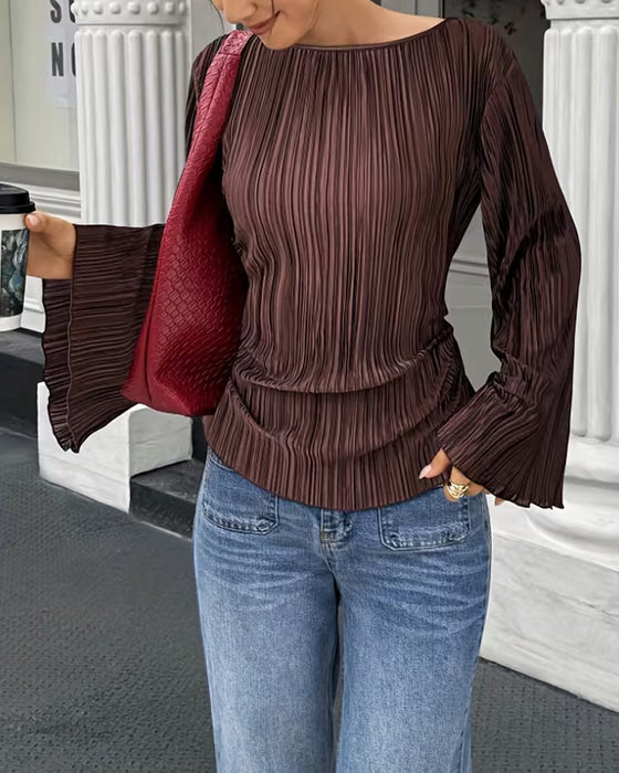 Solid Color Flare Sleeve Blouse