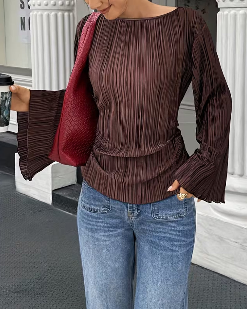 Solid Color Flare Sleeve Blouse